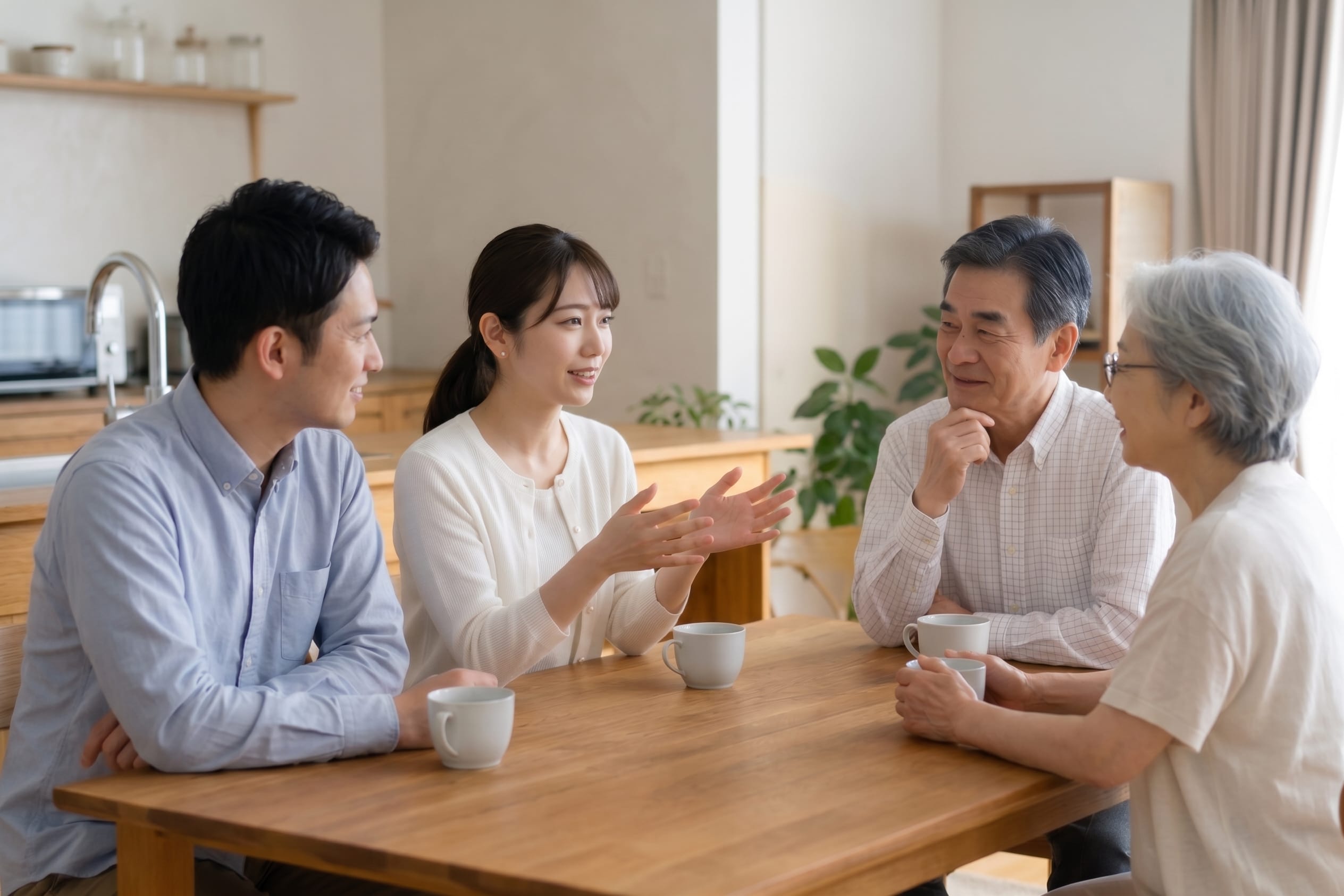 お茶を飲みながら優しく親に語りかける子供のイラスト