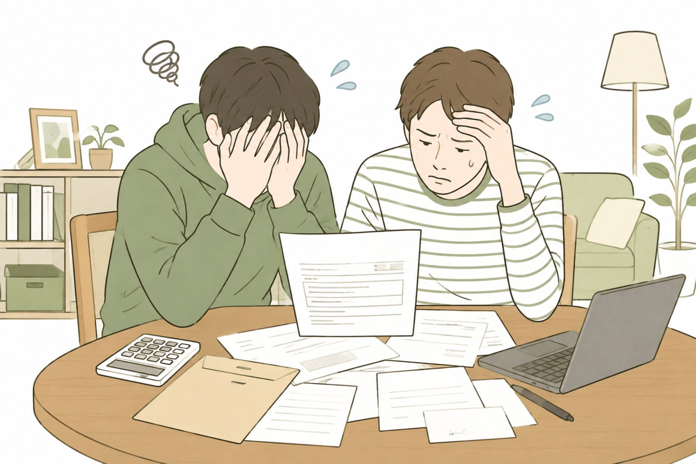 税務署の通知書を見て頭を抱える兄弟